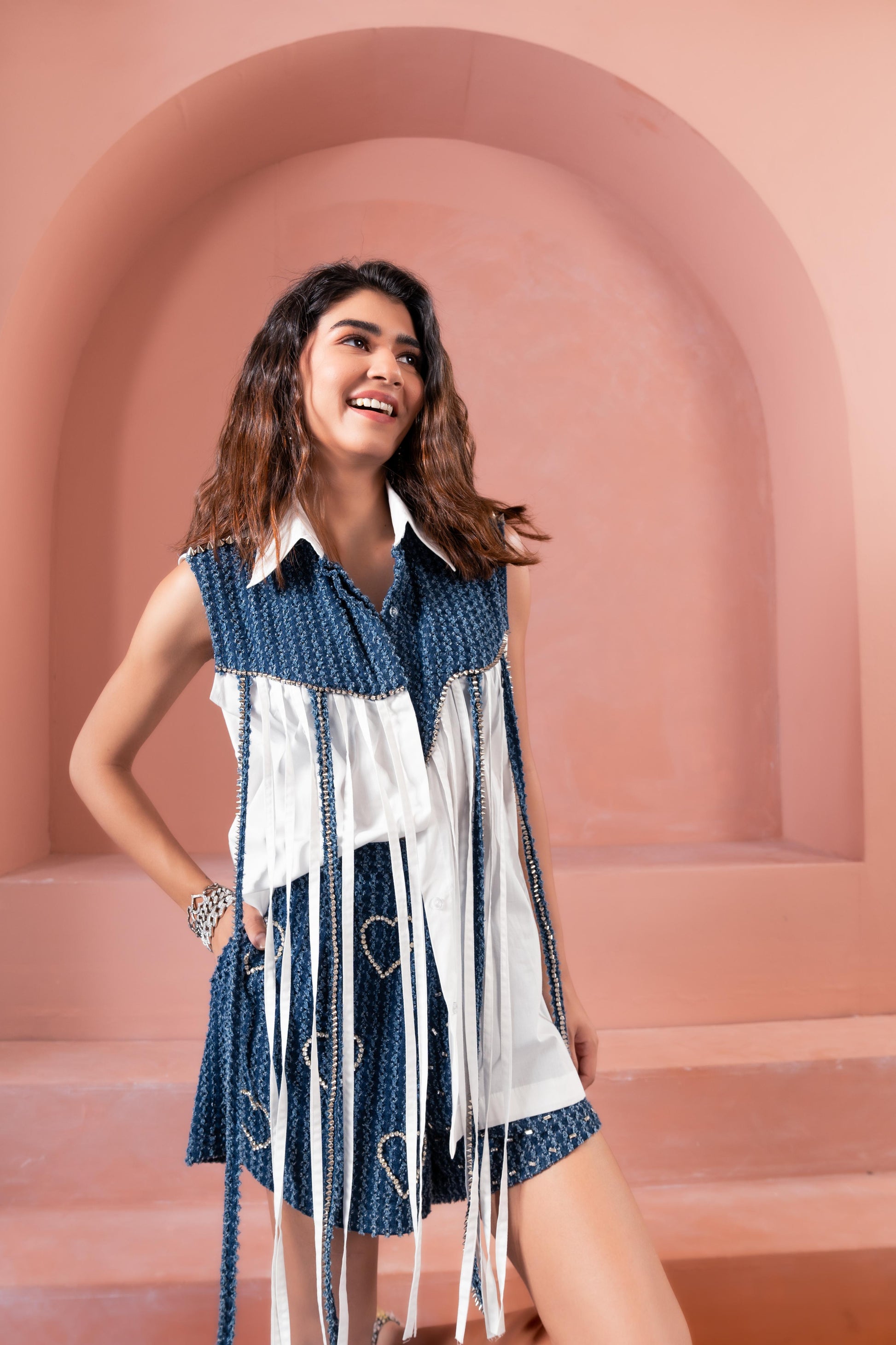 Denim Stud Tassel Shirt with Denim Shorts