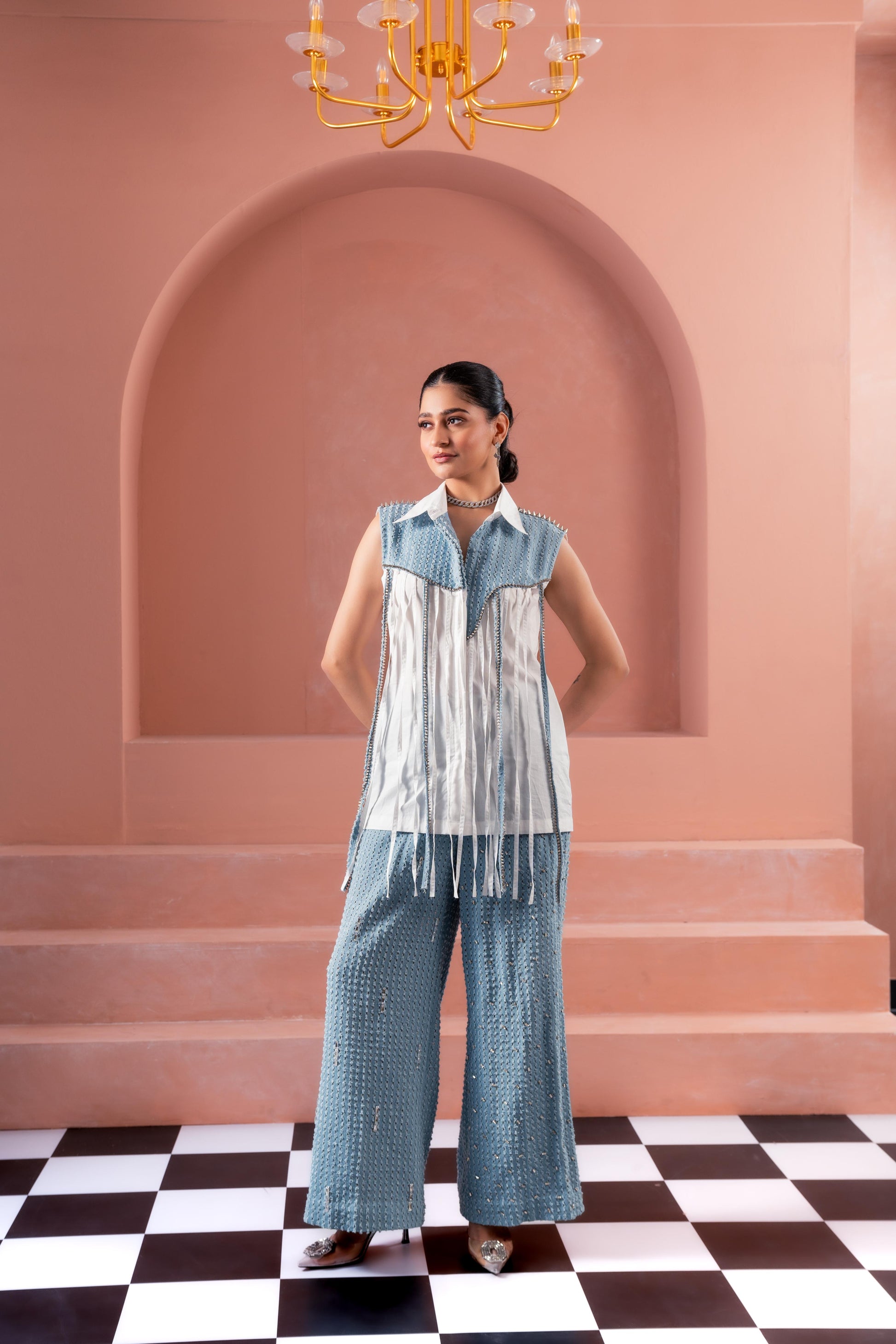 Denim Tassel Shirt with Denim Lazercut Pants