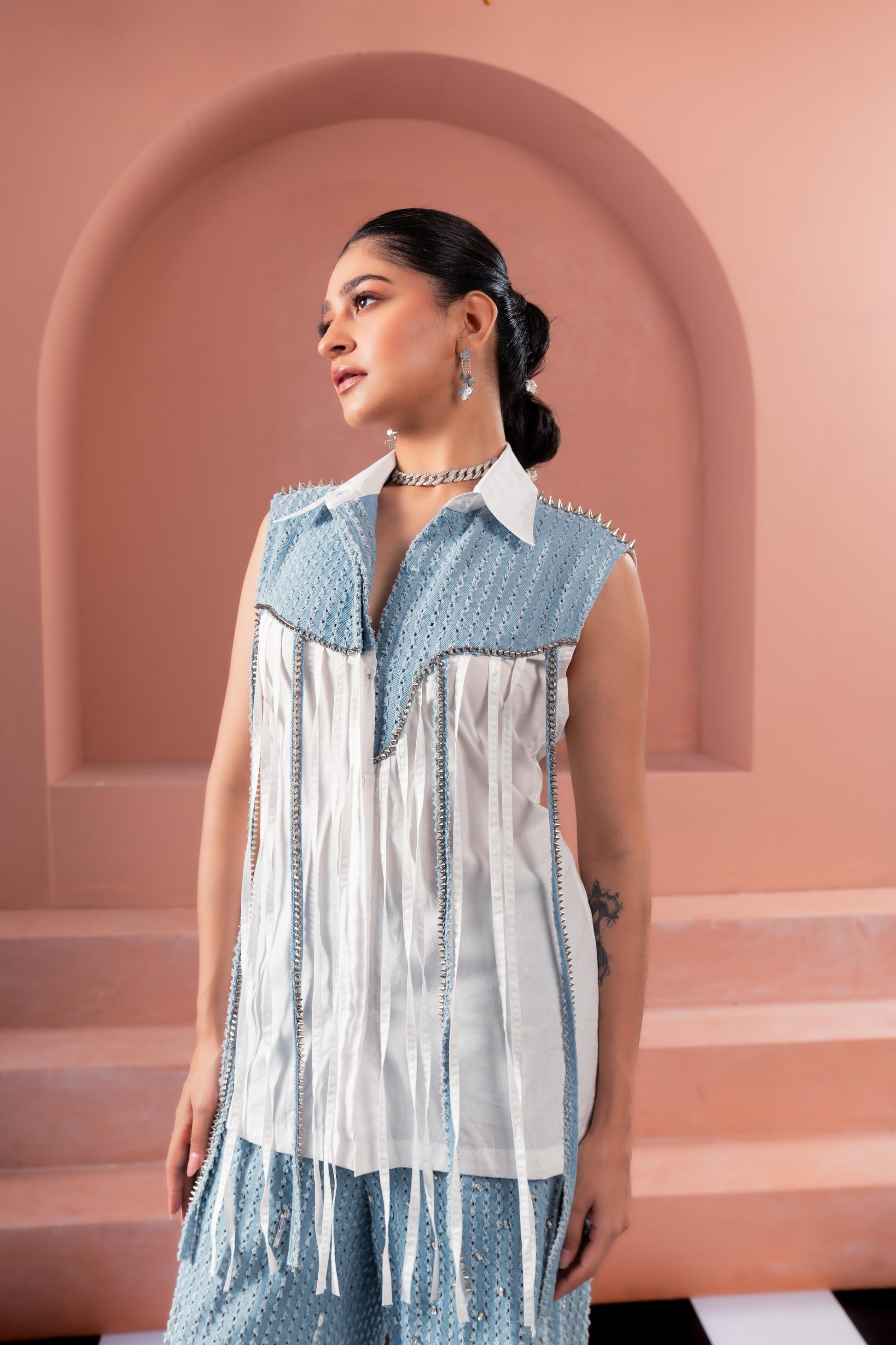 Denim Tassel Shirt with Denim Lazercut Pants