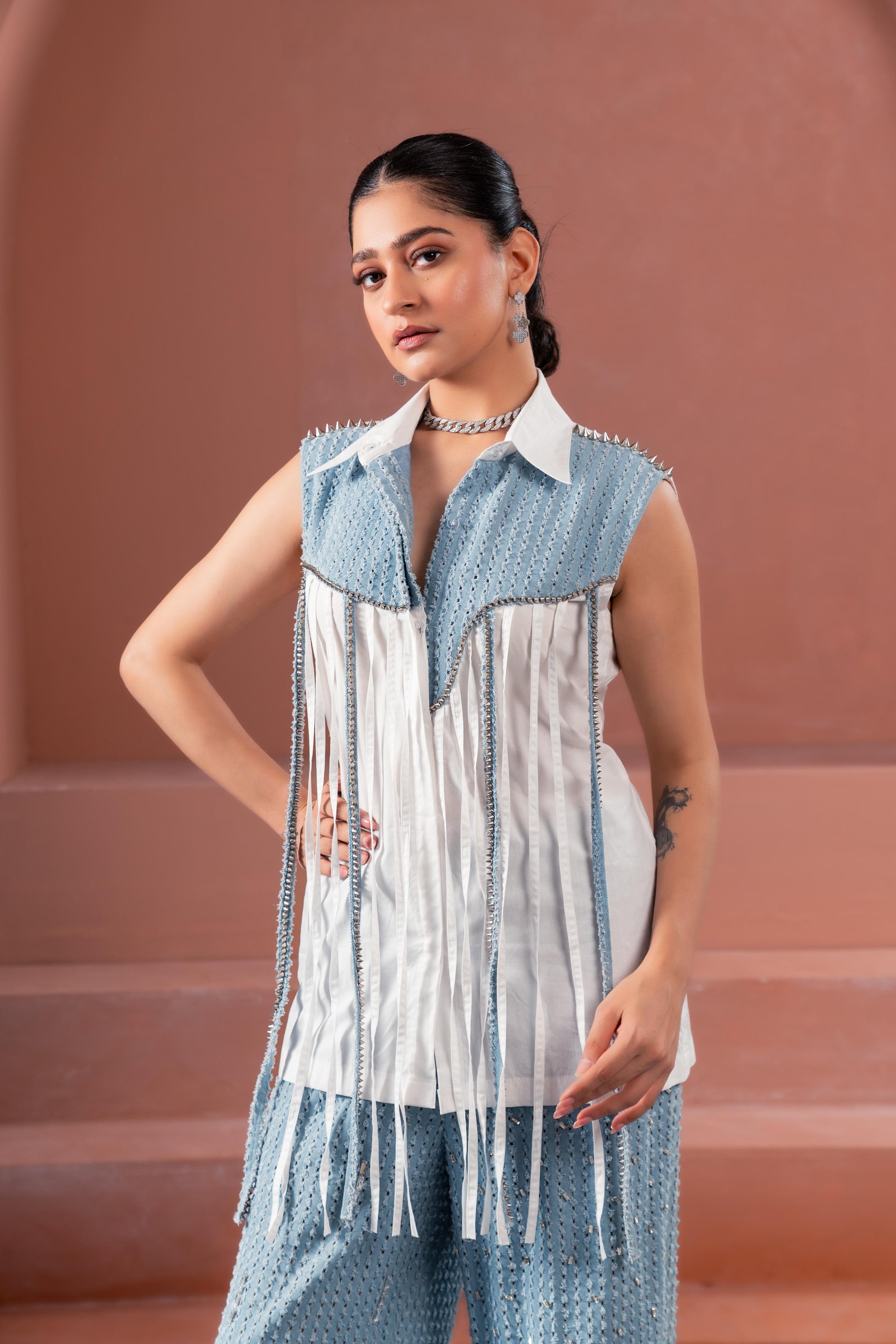 Denim Tassel Shirt with Denim Lazercut Pants