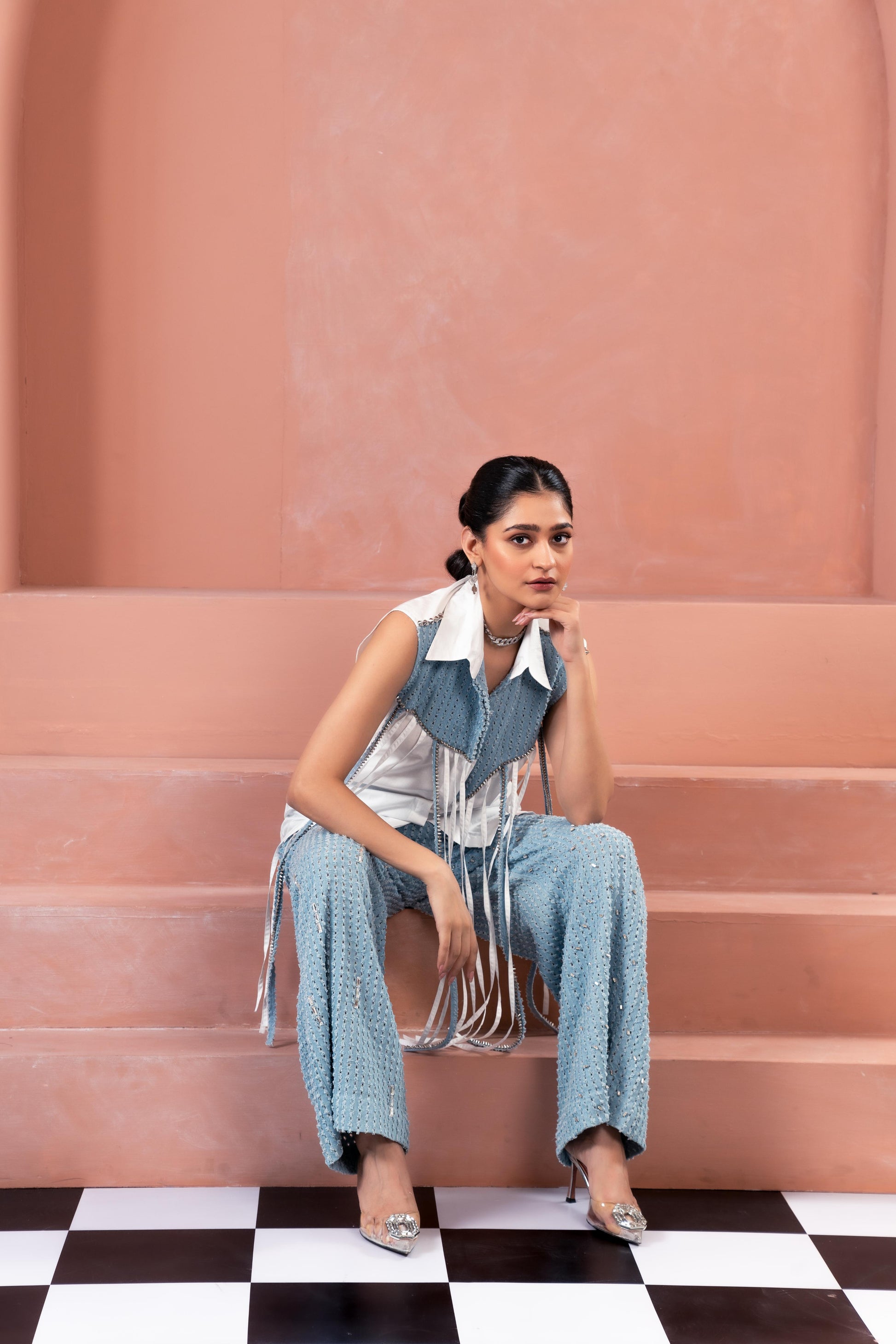 Denim Tassel Shirt with Denim Lazercut Pants