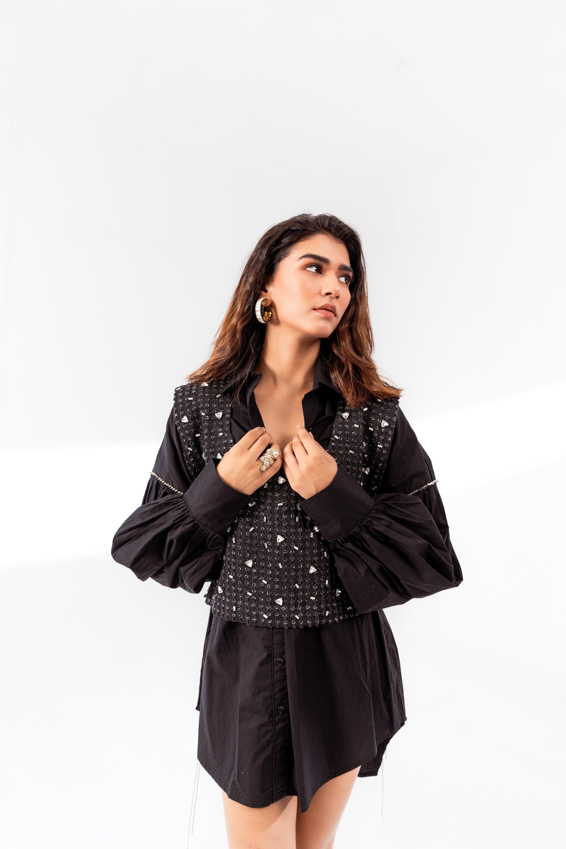 Black Cotton Shirt Dress with Denim Lazercut Bib