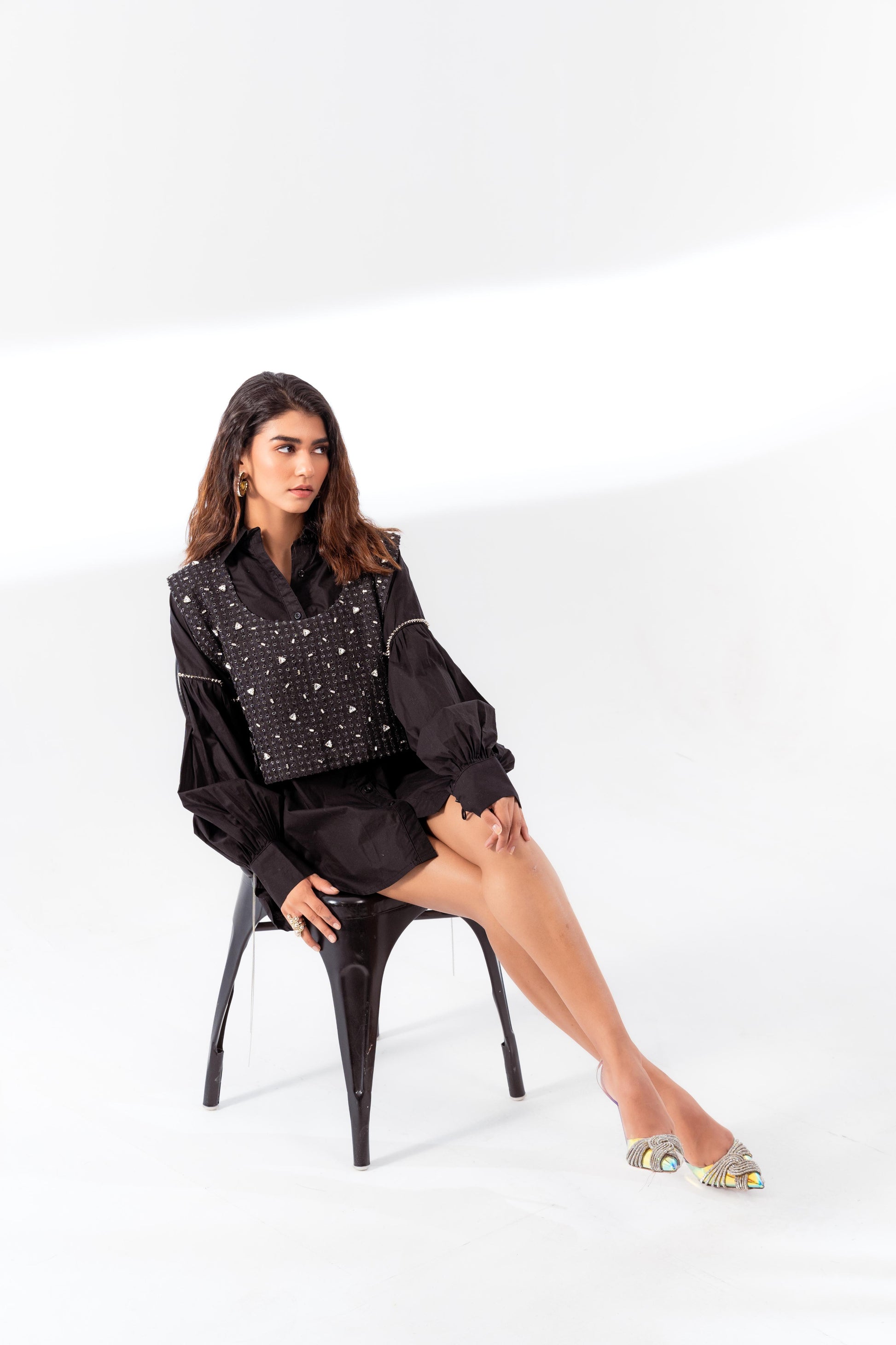 Black Cotton Shirt Dress with Denim Lazercut Bib