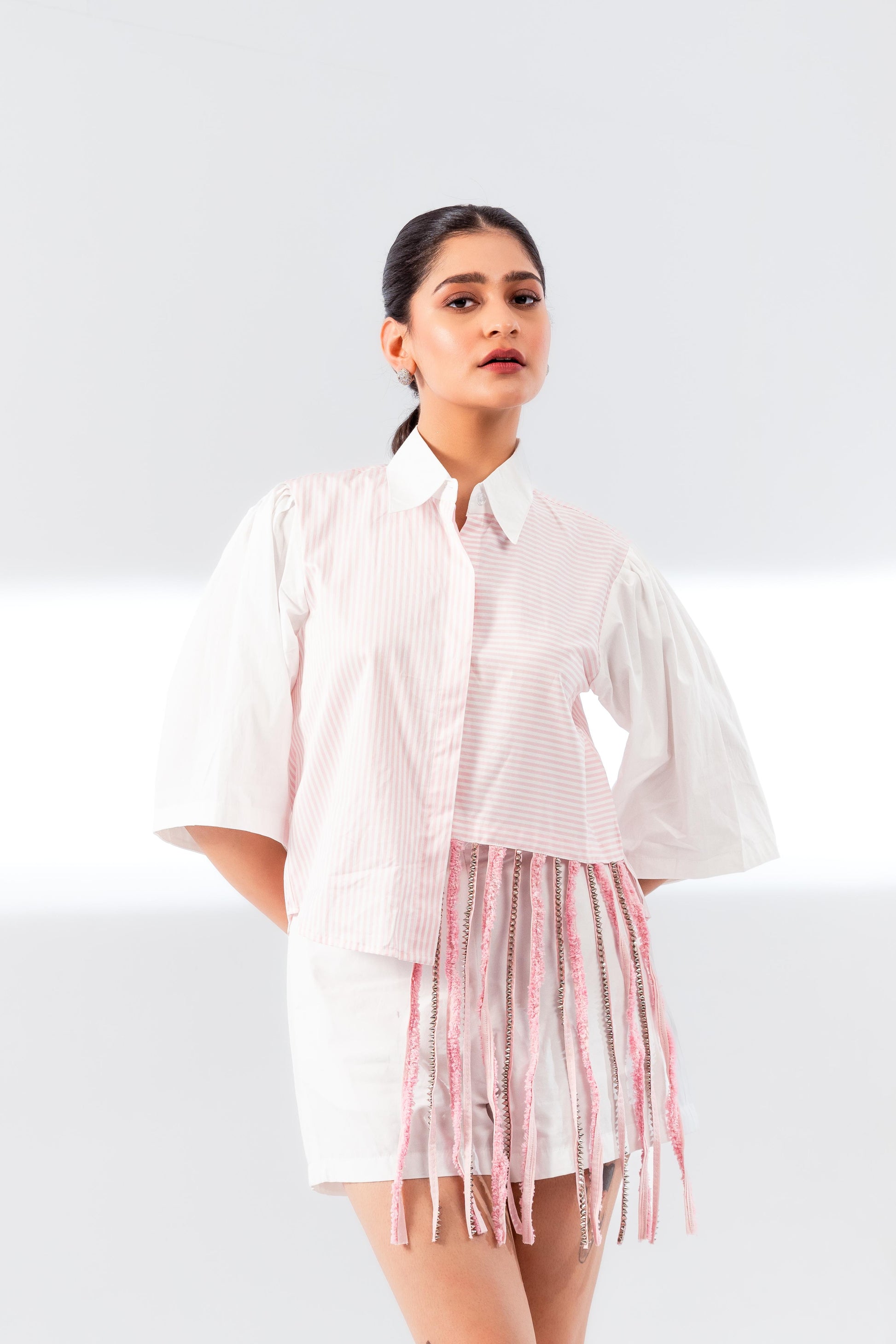 Cotton Pink Tassel Crop Shirt with Shorts