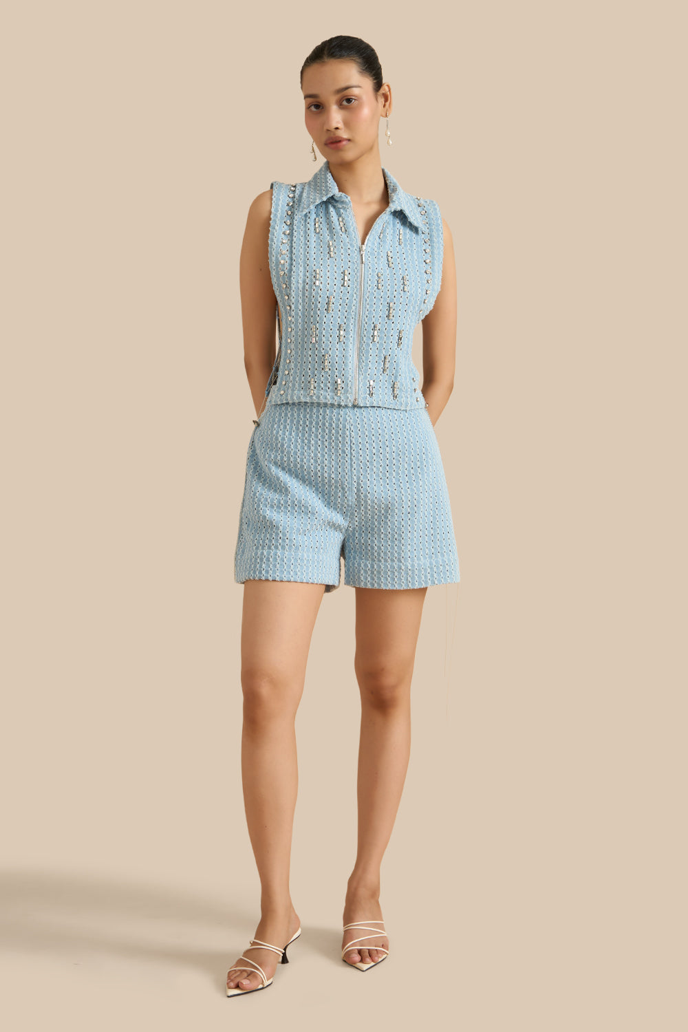 Light Blue Denim Lazercut Collar Pleat Bib Set