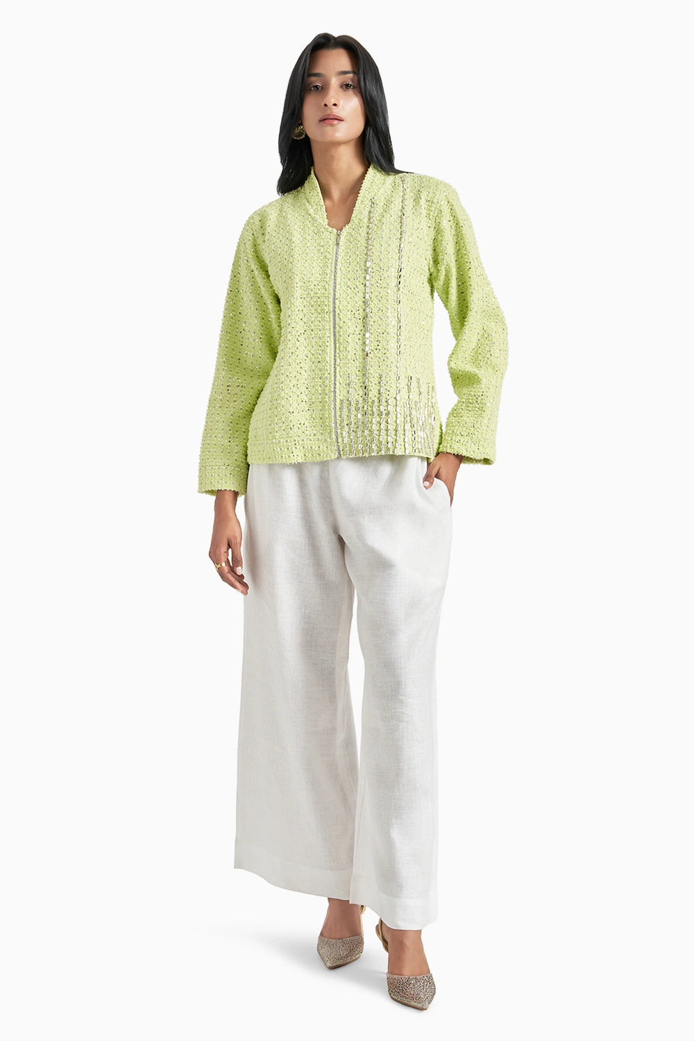 Lime Green Denim Lazercut Sequins Jacket Set