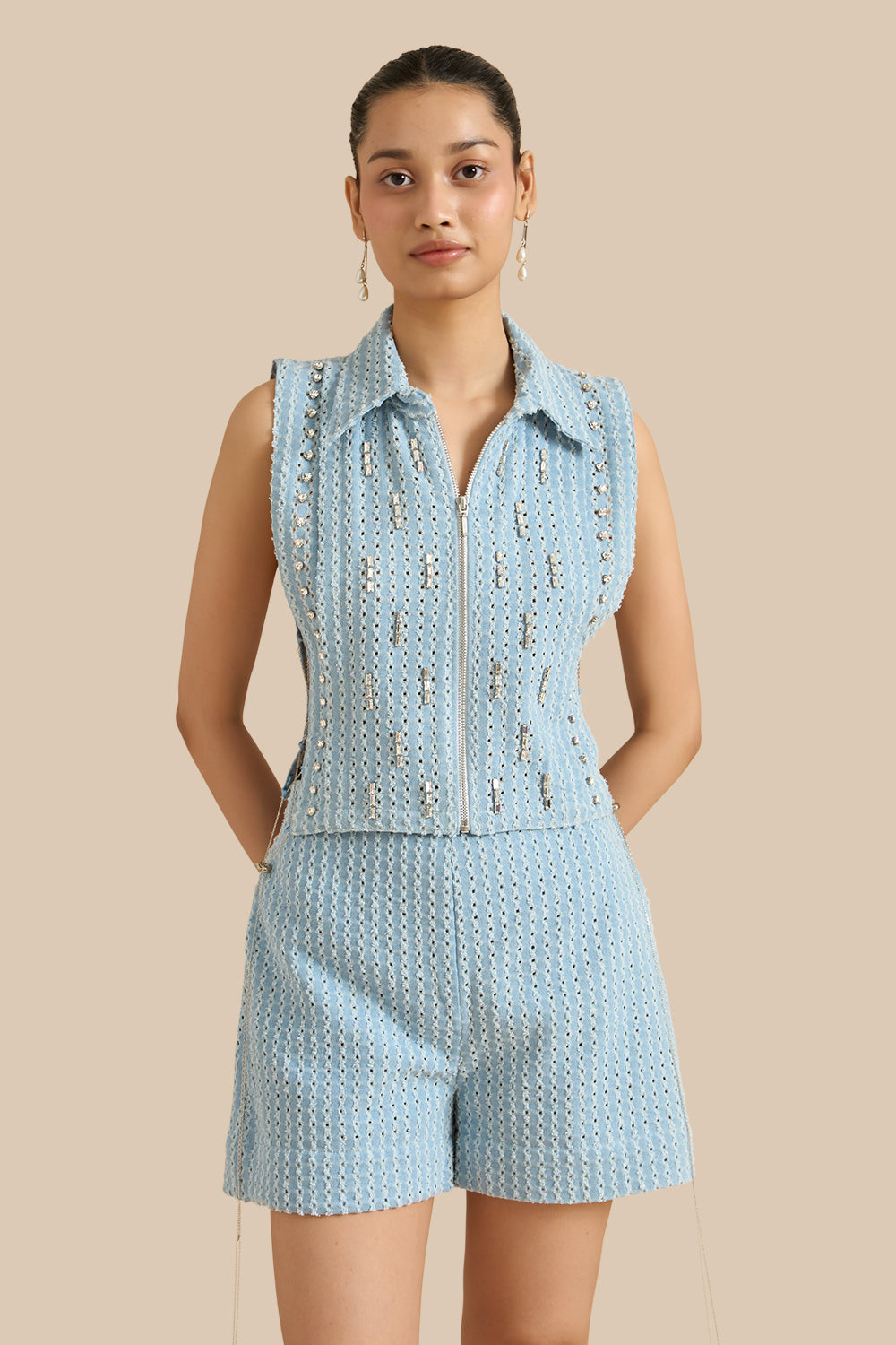 Light Blue Denim Lazercut Collar Pleat Bib Set