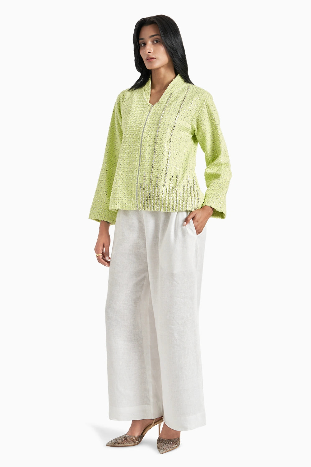 Lime Green Denim Lazercut Sequins Jacket Set