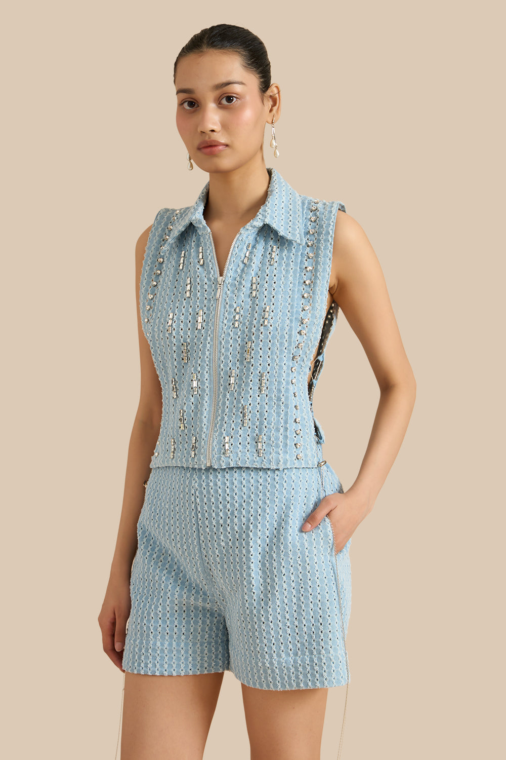 Light Blue Denim Lazercut Collar Pleat Bib Set