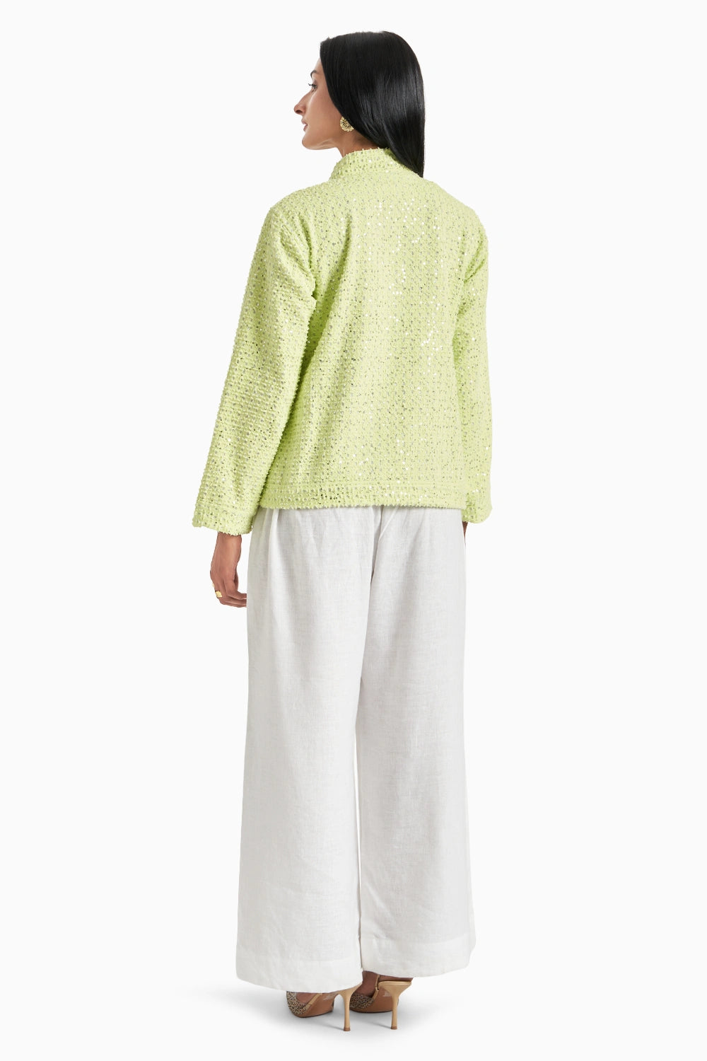 Lime Green Denim Lazercut Sequins Jacket Set