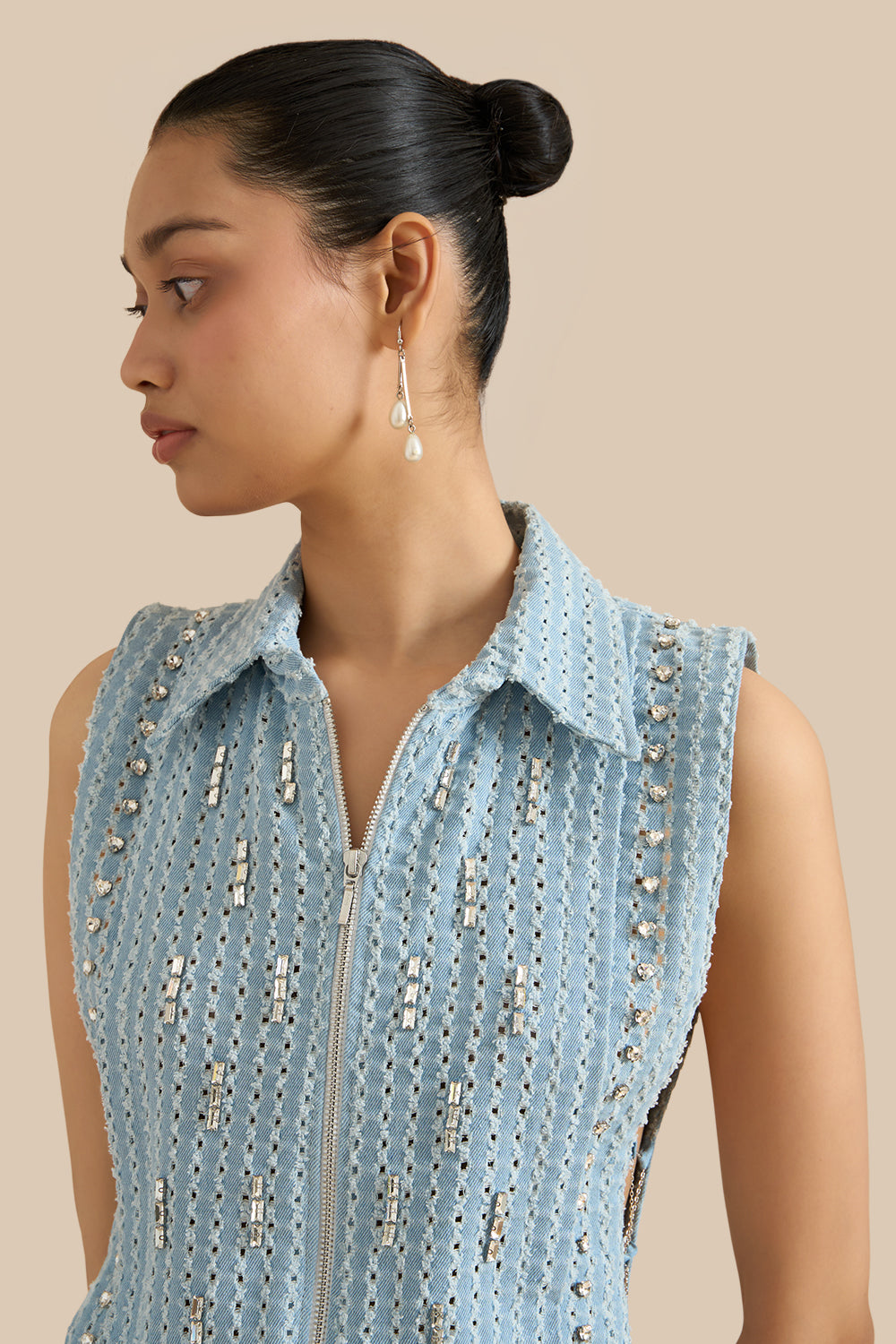 Light Blue Denim Lazercut Collar Pleat Bib Set