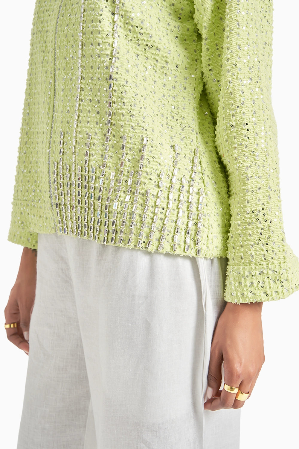 Lime Green Denim Lazercut Sequins Jacket Set