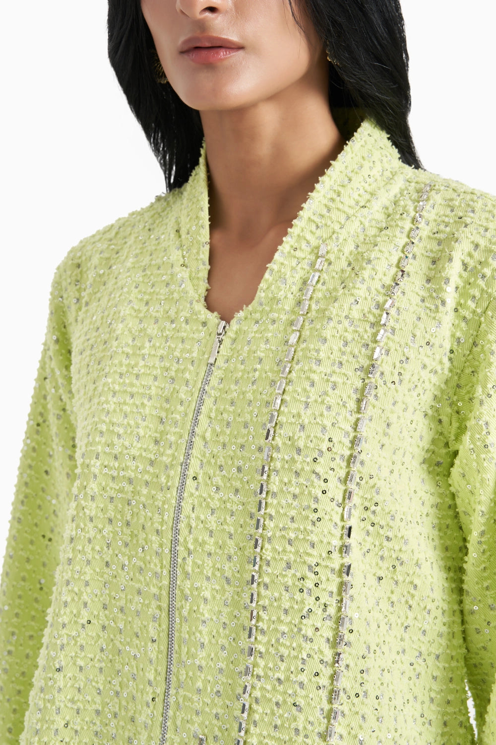 Lime Green Denim Lazercut Sequins Jacket Set