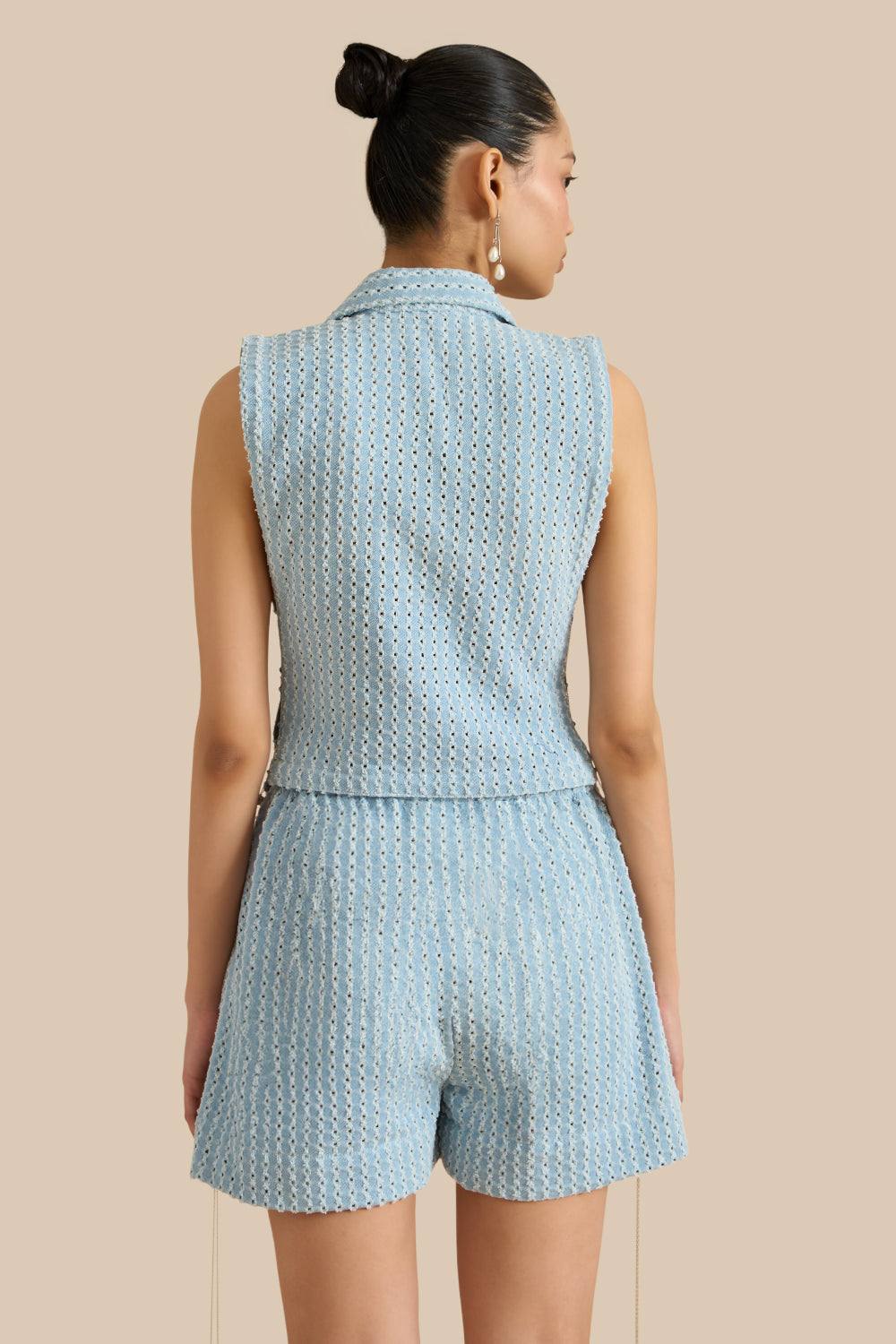 Light Blue Denim Lazercut Collar Pleat Bib Set
