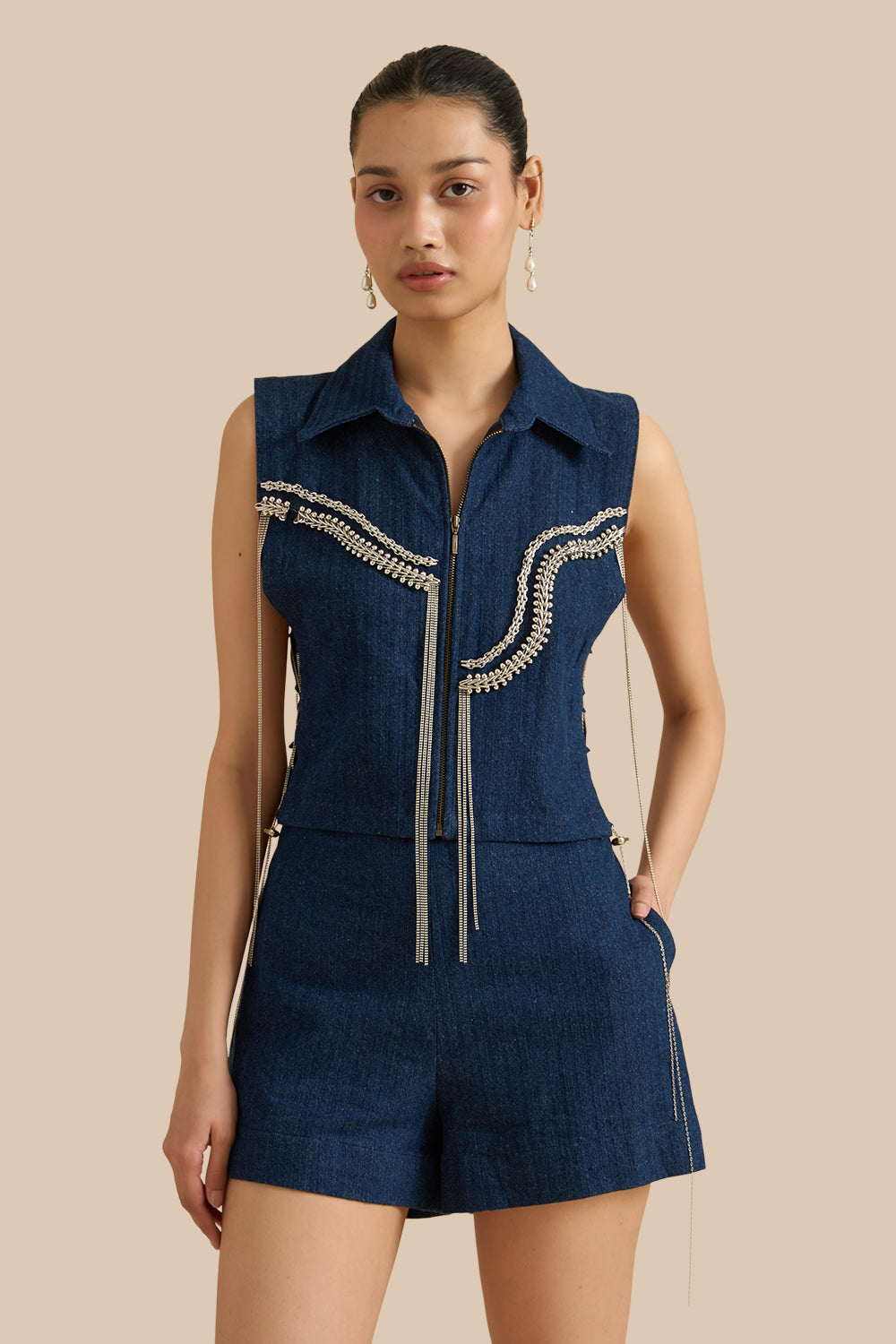 Dark Blue Denim Herringbone Collar Bib Set