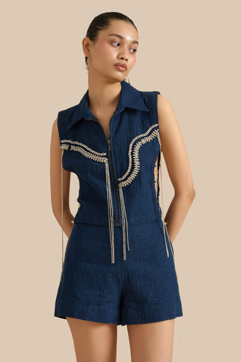 Dark Blue Denim Herringbone Collar Bib Set
