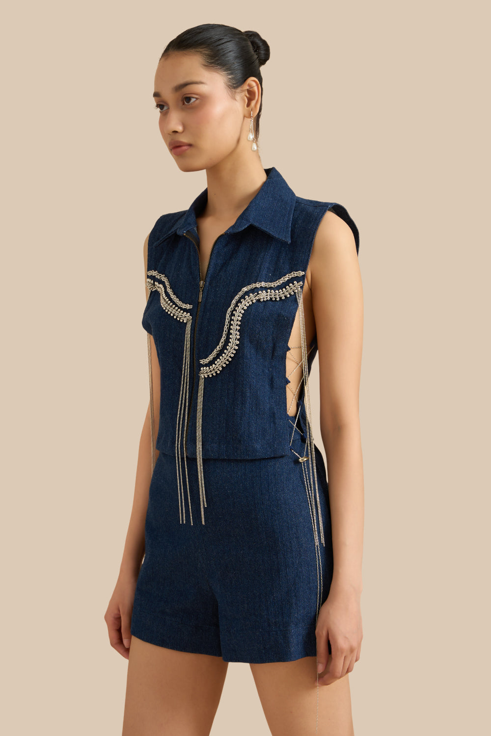 Dark Blue Denim Herringbone Collar Bib Set