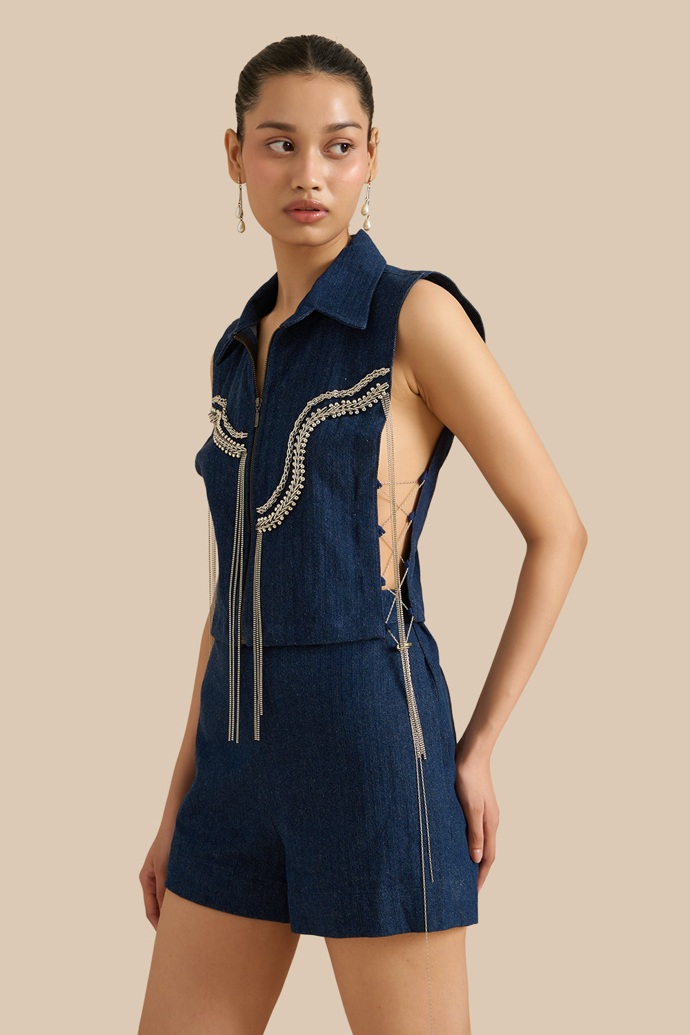 Dark Blue Denim Herringbone Collar Bib Set