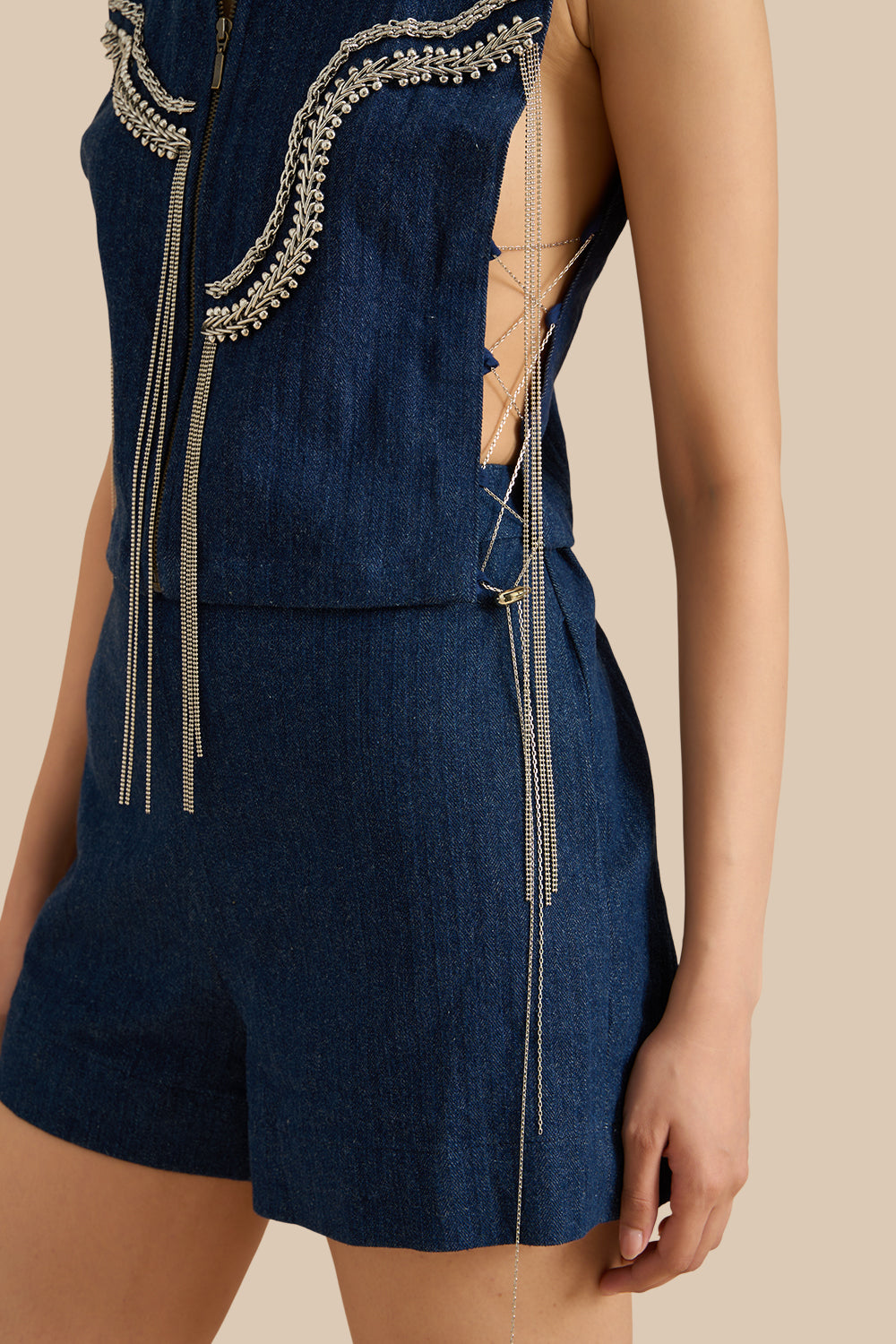 Dark Blue Denim Herringbone Collar Bib Set