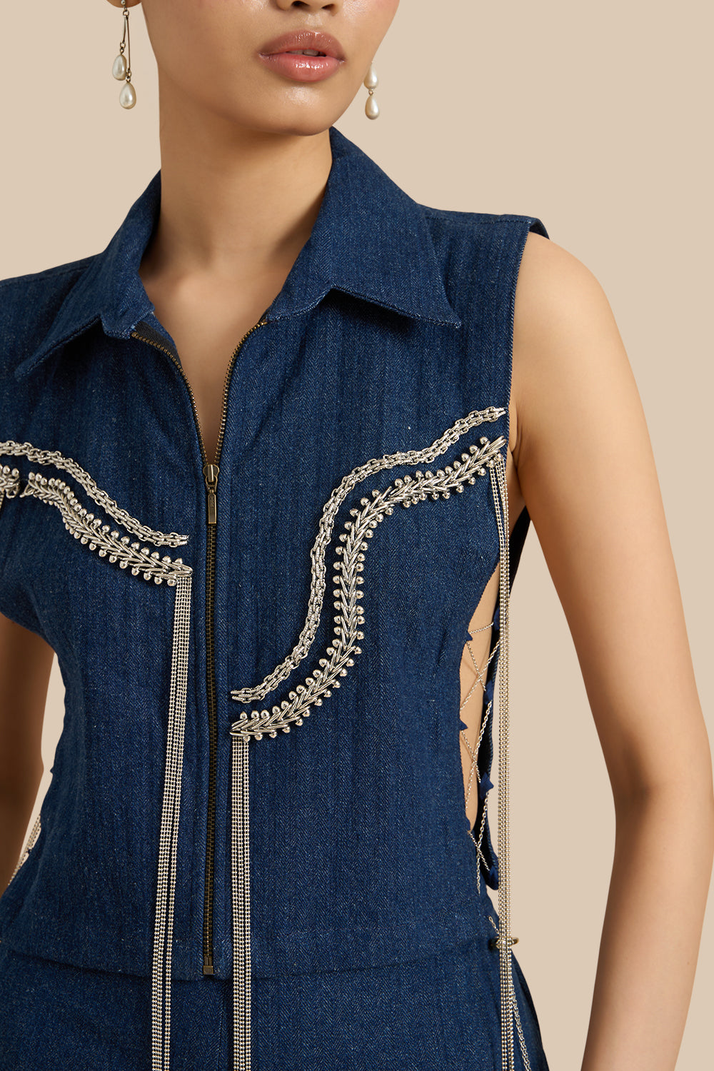 Dark Blue Denim Herringbone Collar Bib Set