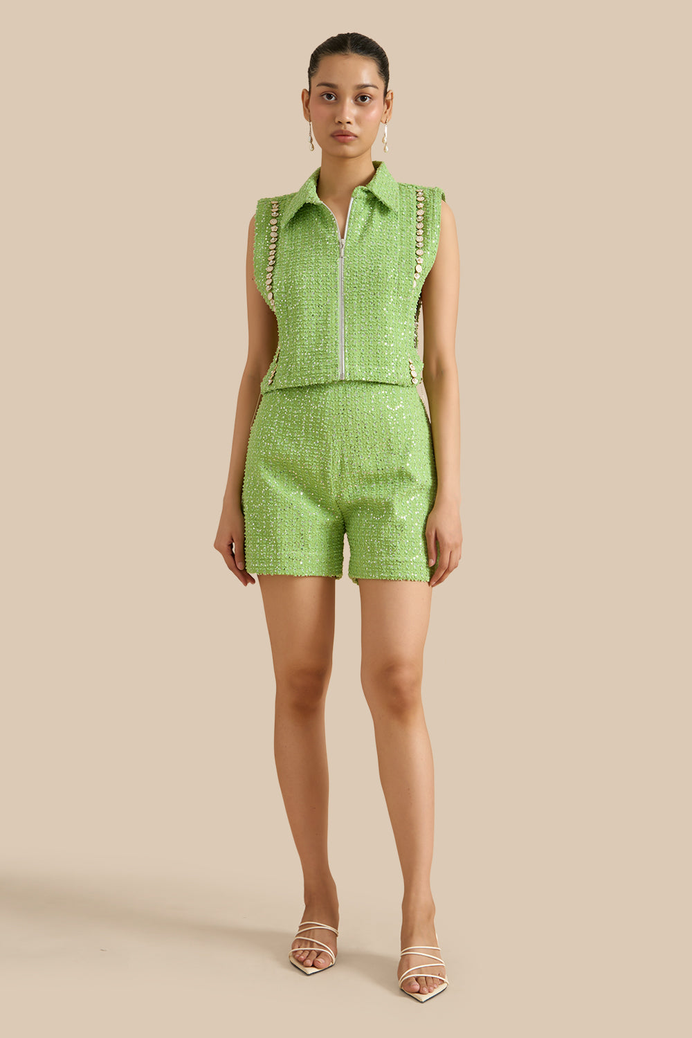 Dark Green Denim Lazercut Collar Pleat Bib Set