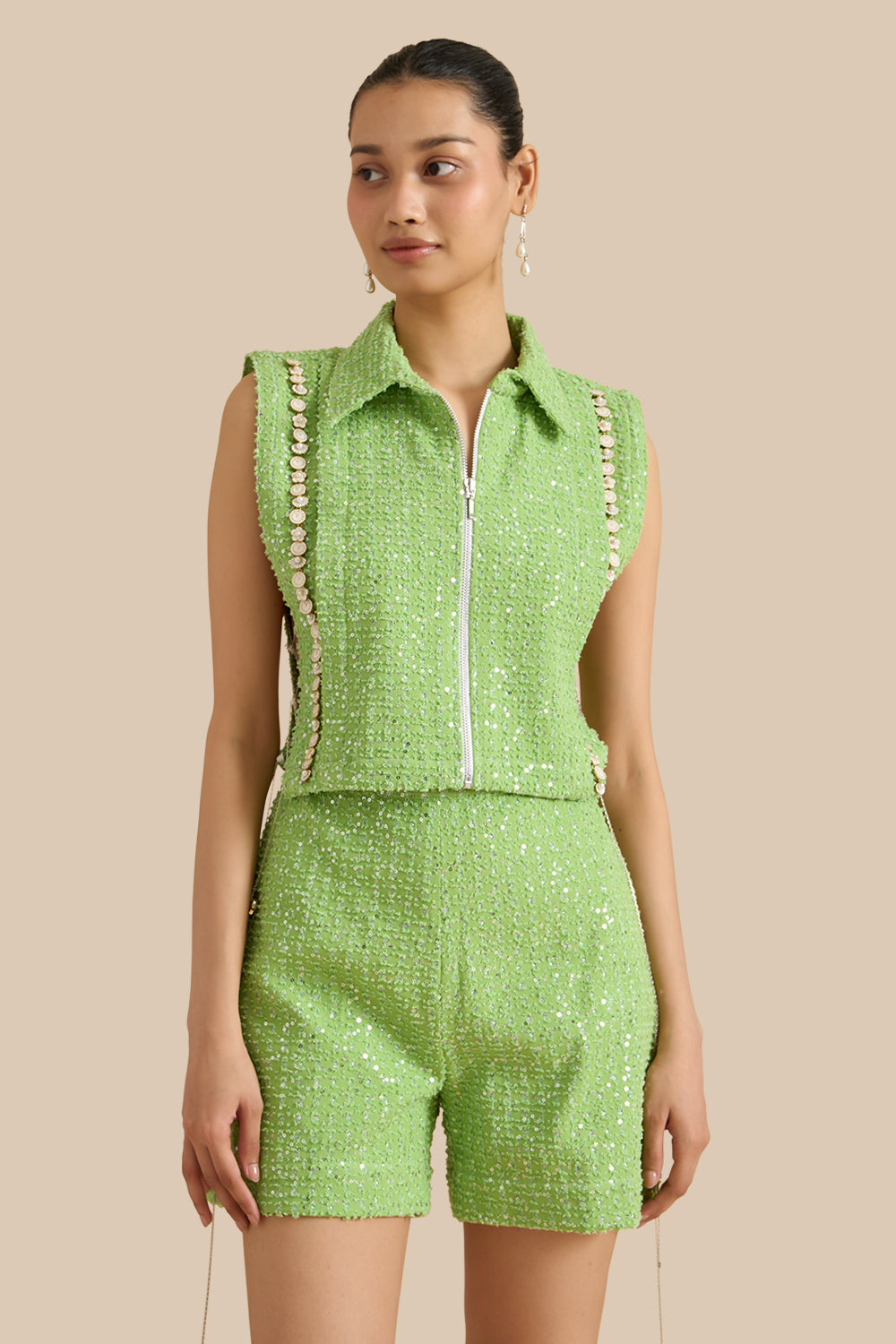 Dark Green Denim Lazercut Collar Pleat Bib Set