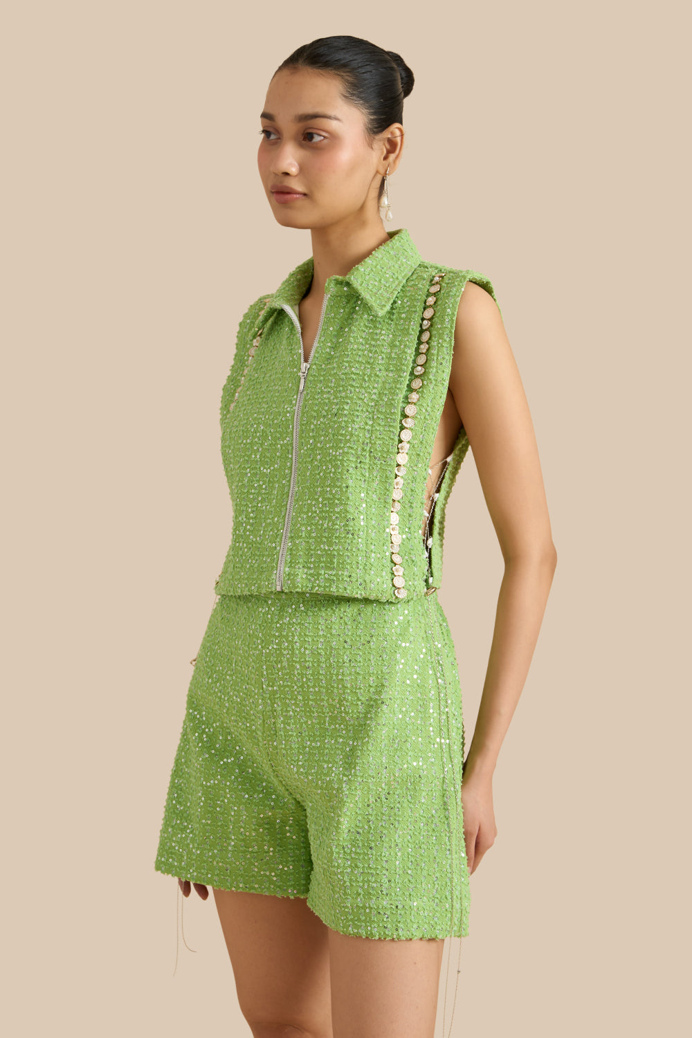Dark Green Denim Lazercut Collar Pleat Bib Set