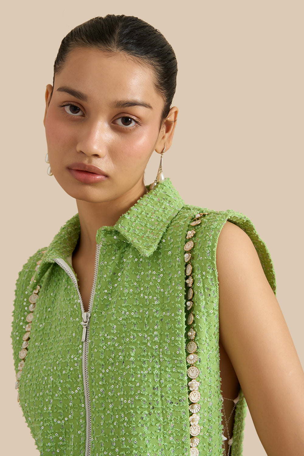 Dark Green Denim Lazercut Collar Pleat Bib Set