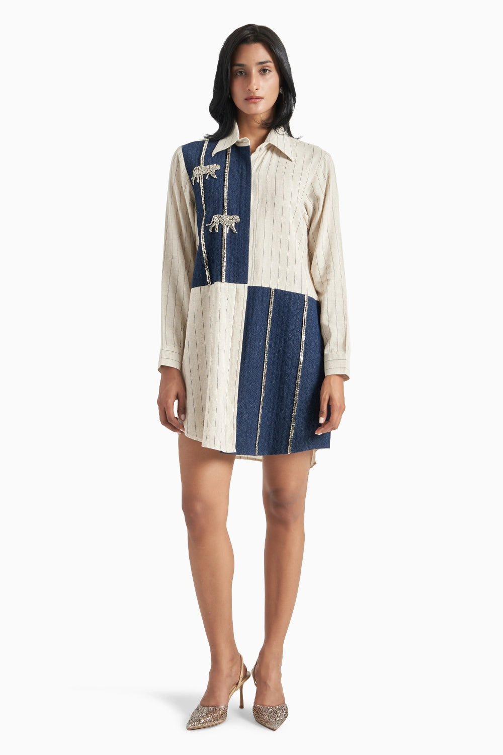 Beige Stripes Dark Denim Herringone Panel Shirt Set