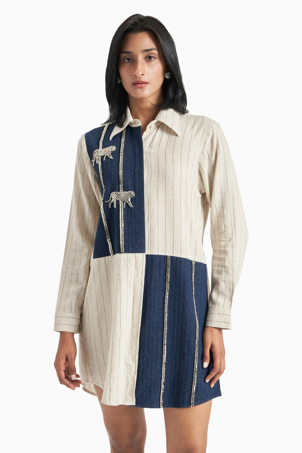 Beige Stripes Dark Denim Herringone Panel Shirt Set