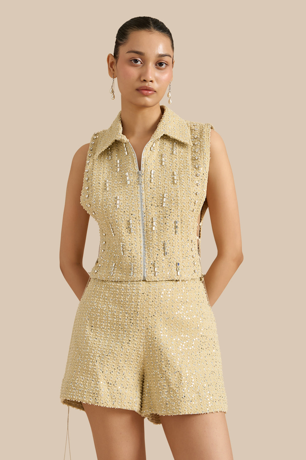 Taupe Denim Lazercut Collar Pleat Bib Set