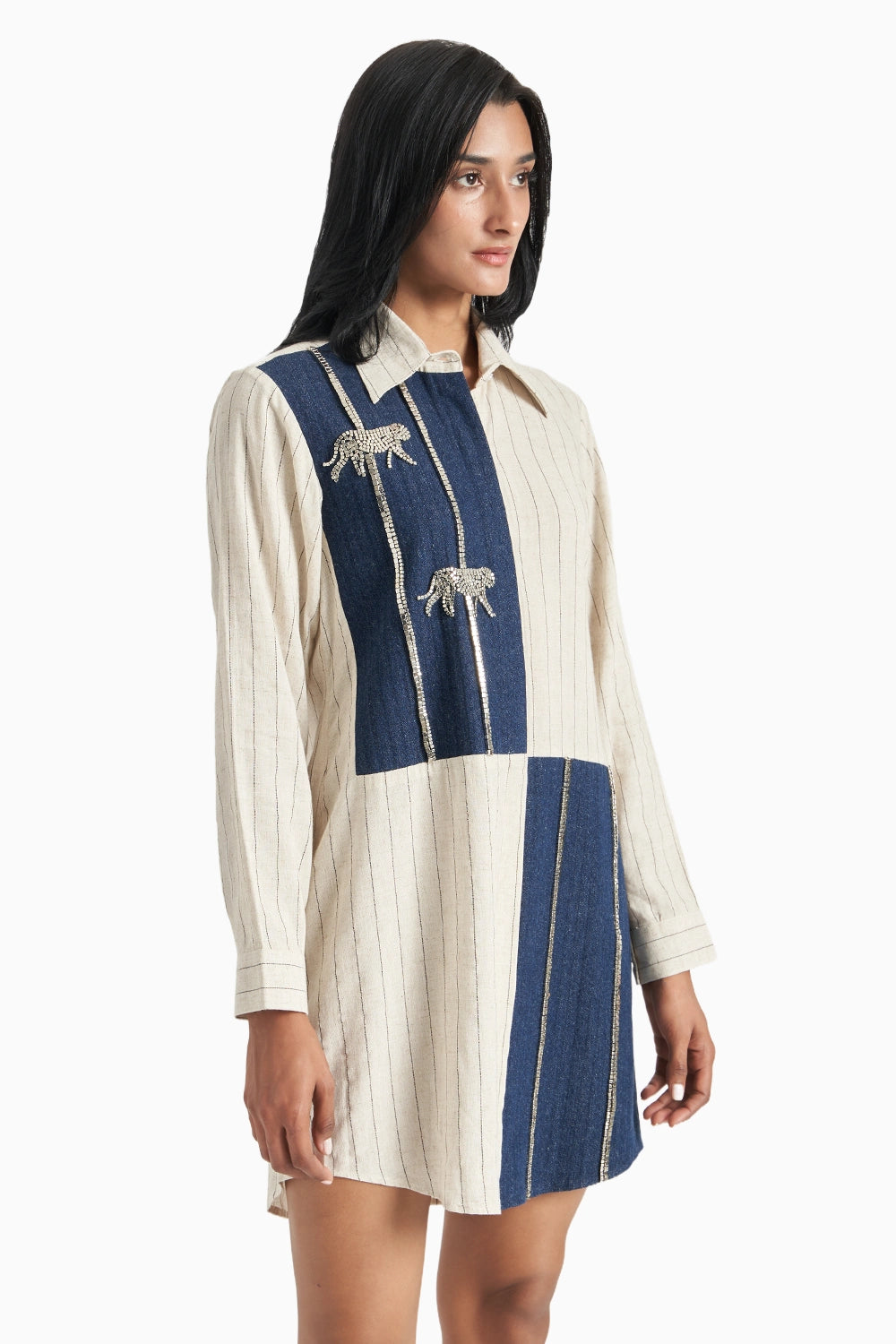 Beige Stripes Dark Denim Herringone Panel Shirt Set