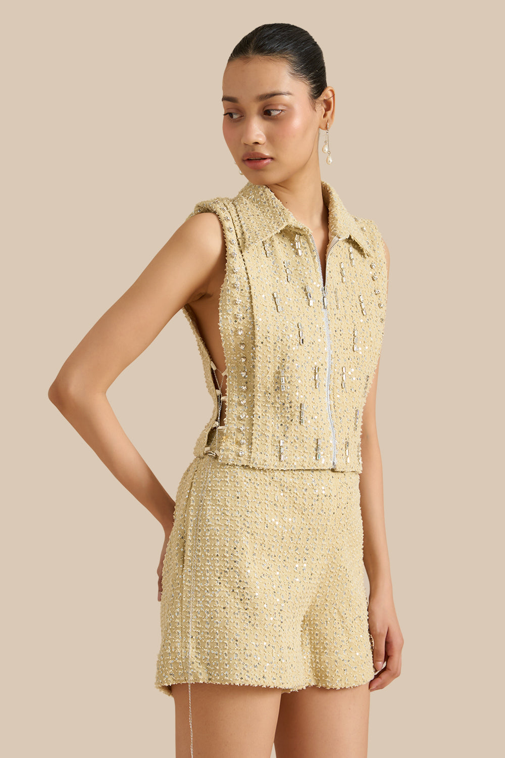 Taupe Denim Lazercut Collar Pleat Bib Set
