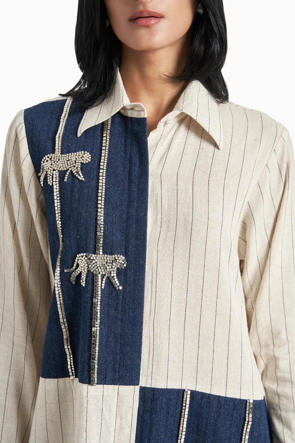 Beige Stripes Dark Denim Herringone Panel Shirt Set