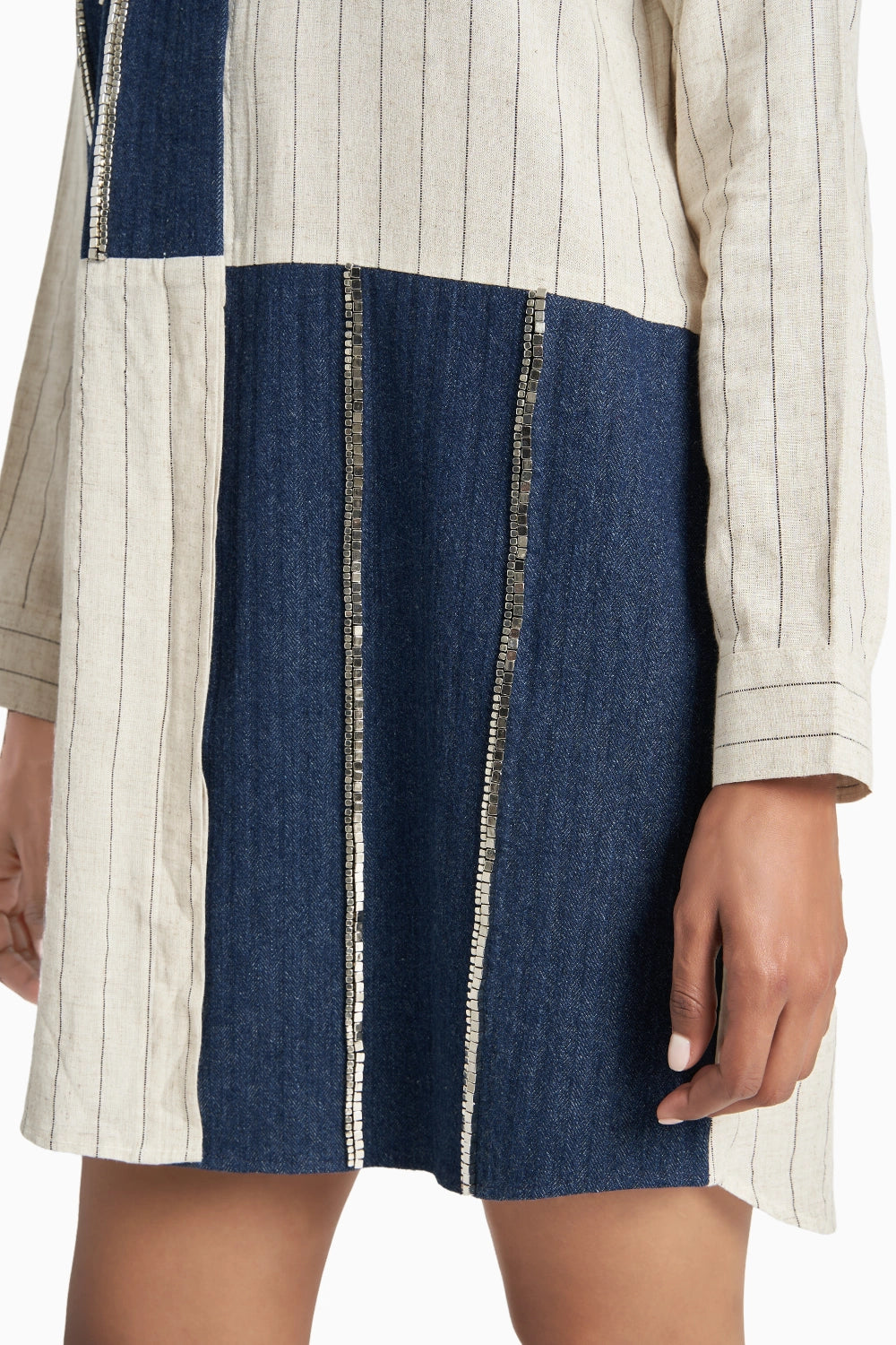 Beige Stripes Dark Denim Herringone Panel Shirt Set