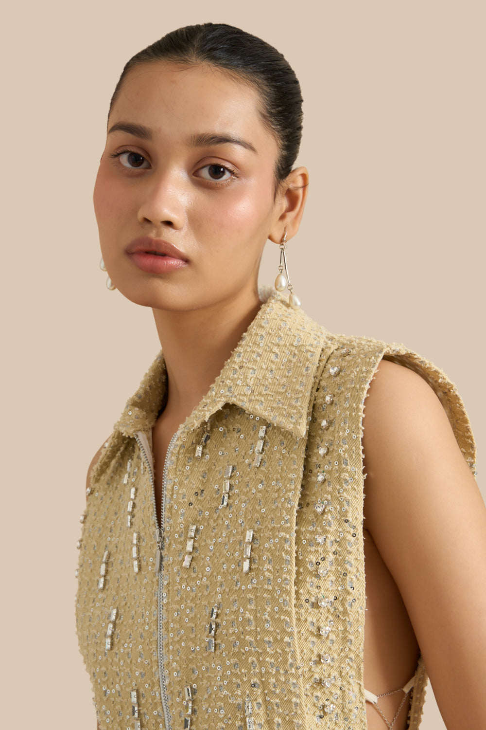 Taupe Denim Lazercut Collar Pleat Bib Set