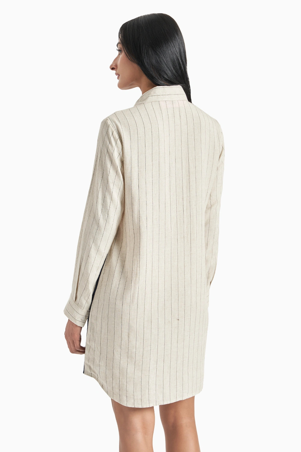 Beige Stripes Dark Denim Herringone Panel Shirt Set