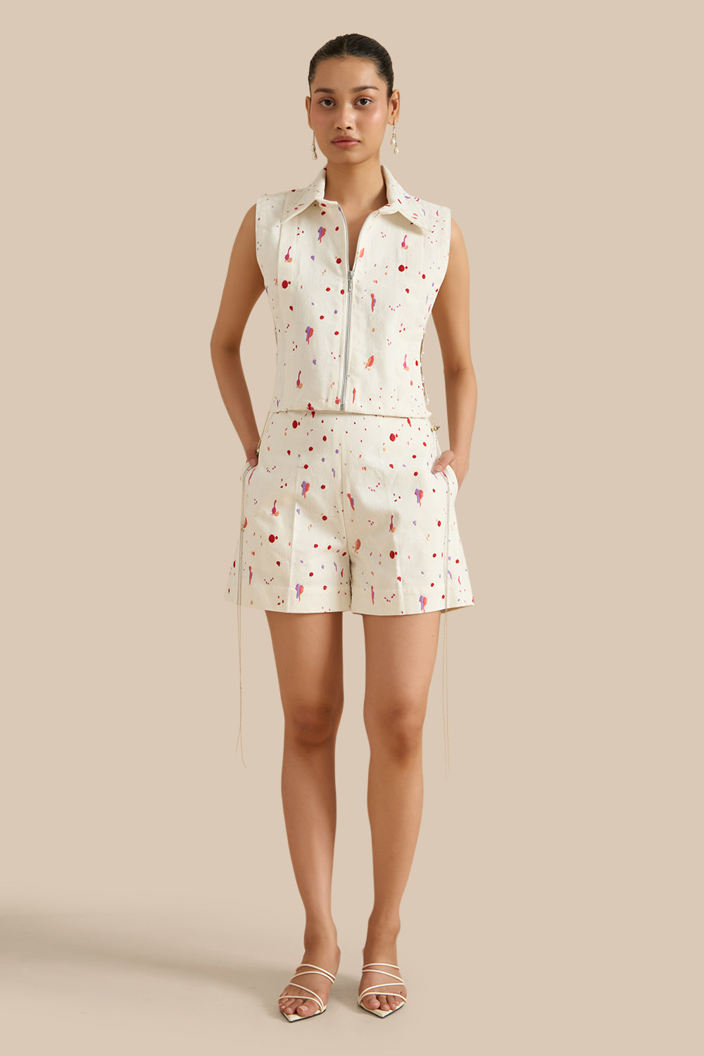 White Denim Embroidered Collar Pleat Bib Set