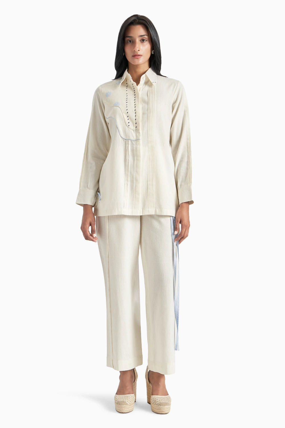 Beige Soft Cotton Curve Pleated Shirt Set