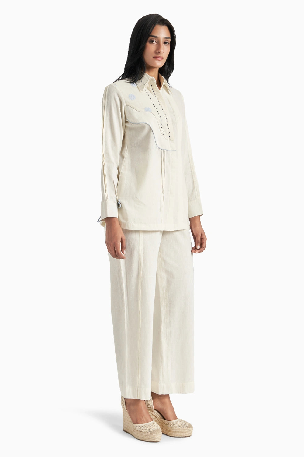 Beige Soft Cotton Curve Pleated Shirt Set