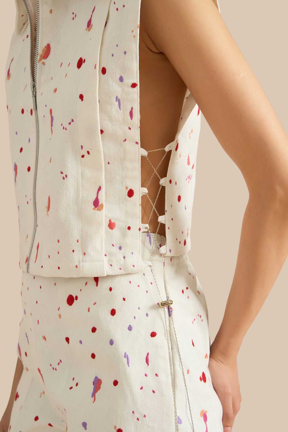 White Denim Embroidered Collar Pleat Bib Set