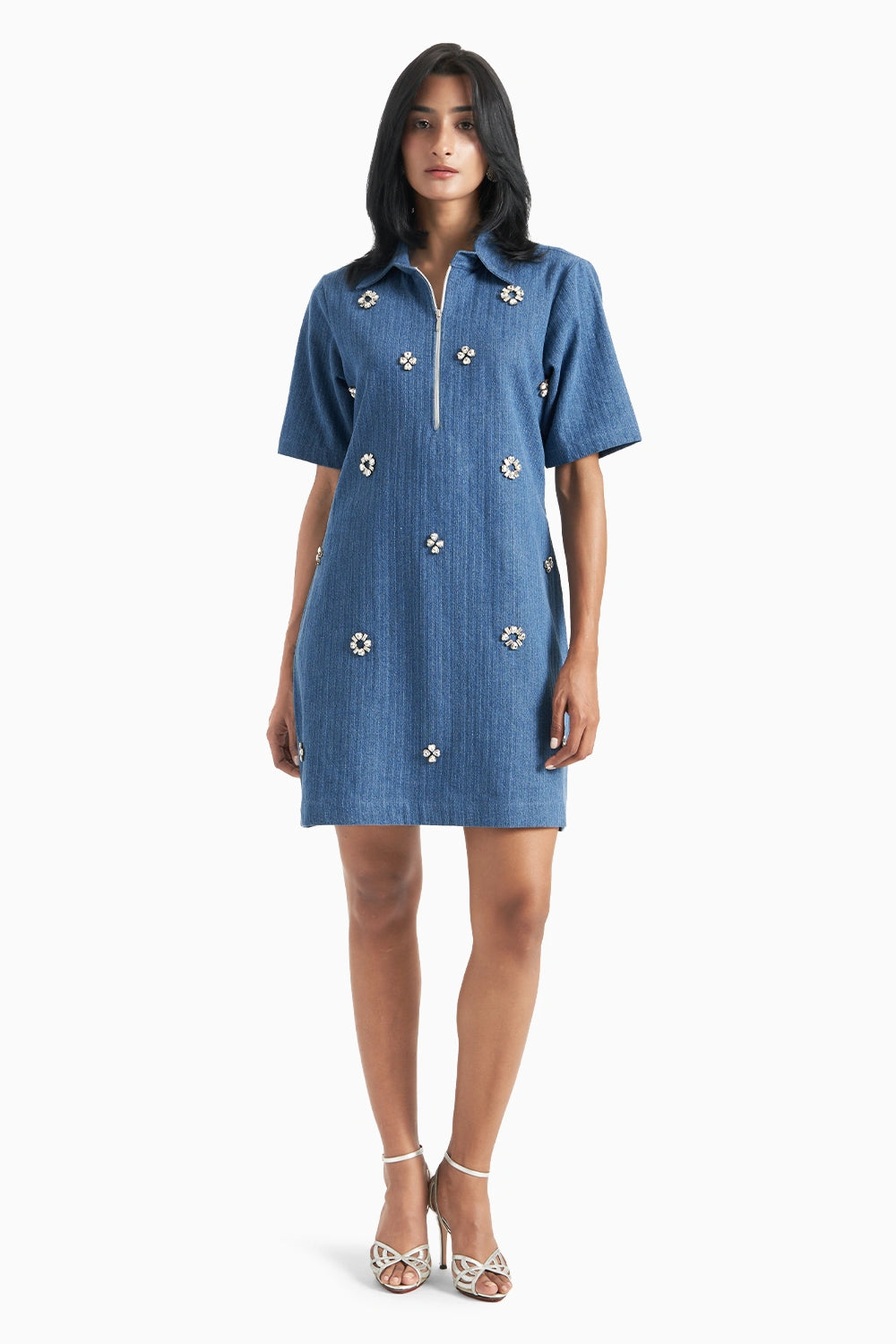 Medium Blue Denim Herringbone Dress with Crystal Flower Pendant Embellishment