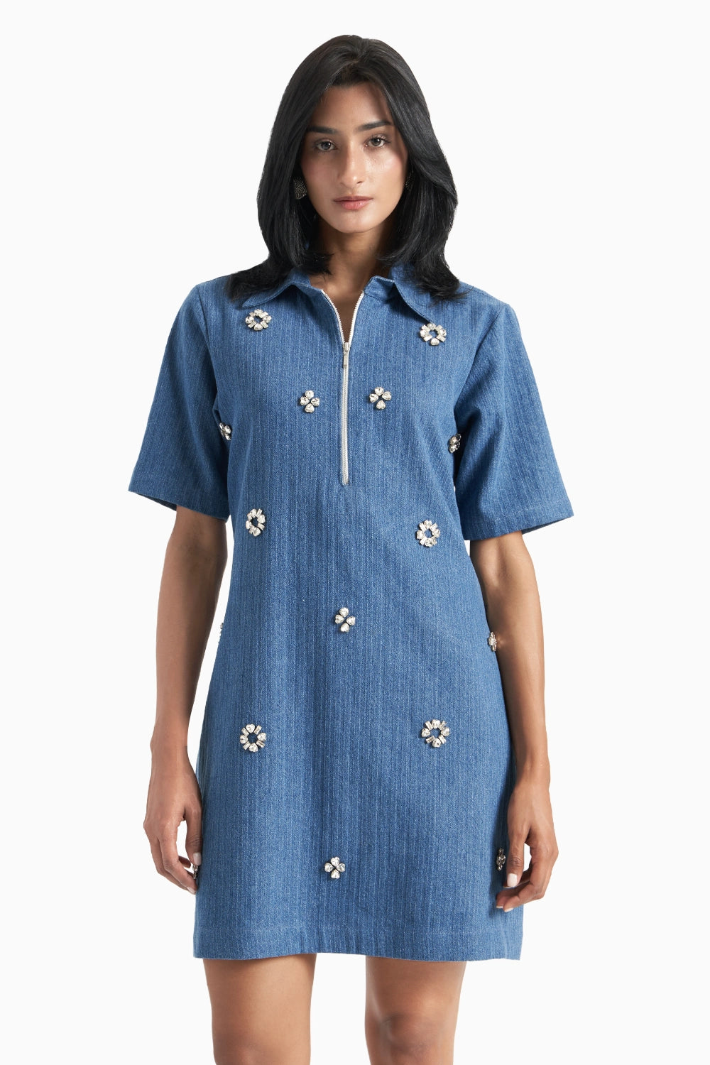 Medium Blue Denim Herringbone Dress with Crystal Flower Pendant Embellishment