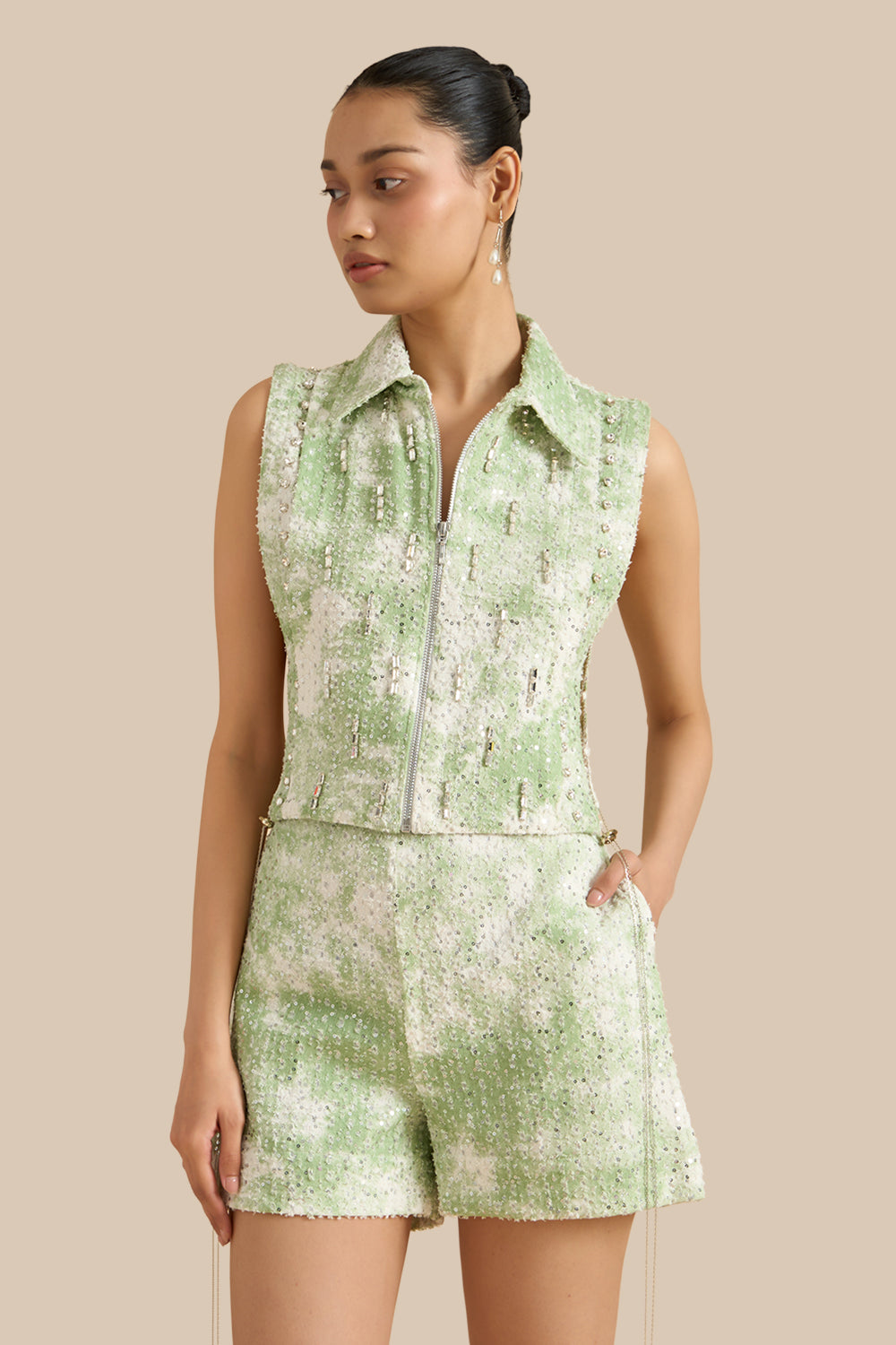 White Green Denim Marble Lazercut Collar Pleat Bib Set