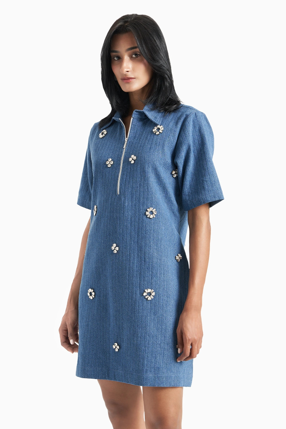 Medium Blue Denim Herringbone Dress with Crystal Flower Pendant Embellishment
