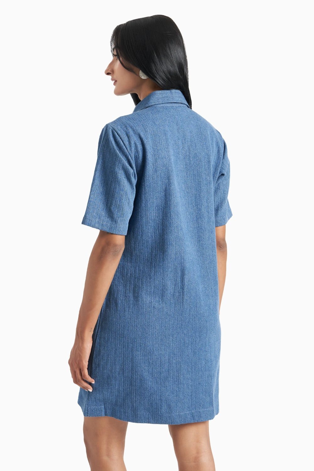 Medium Blue Denim Herringbone Dress with Crystal Flower Pendant Embellishment