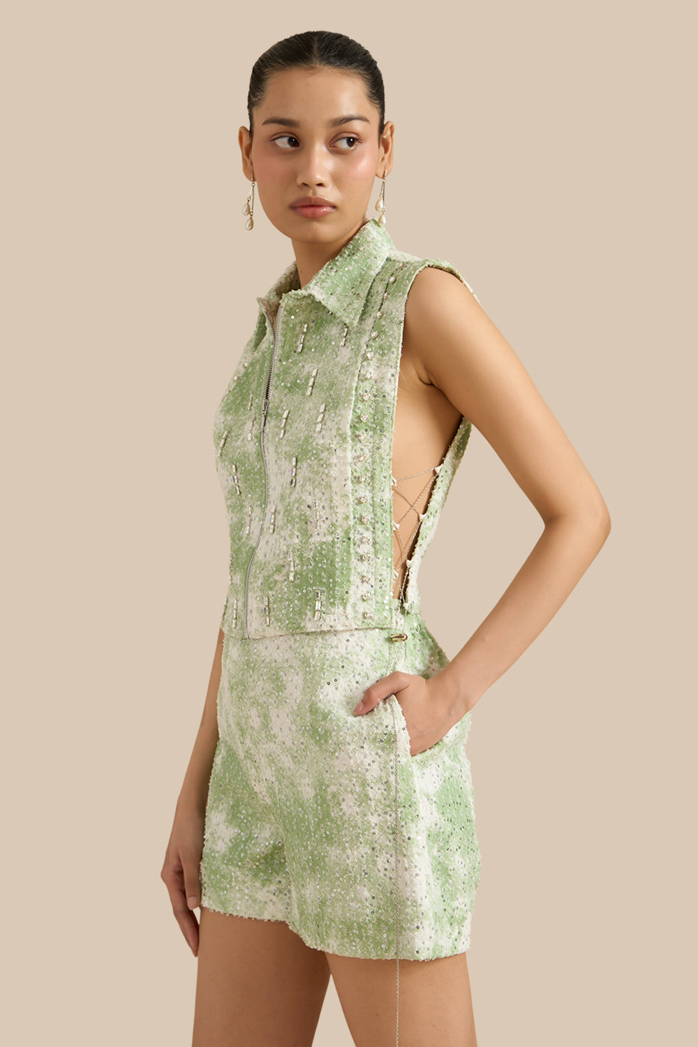 White Green Denim Marble Lazercut Collar Pleat Bib Set