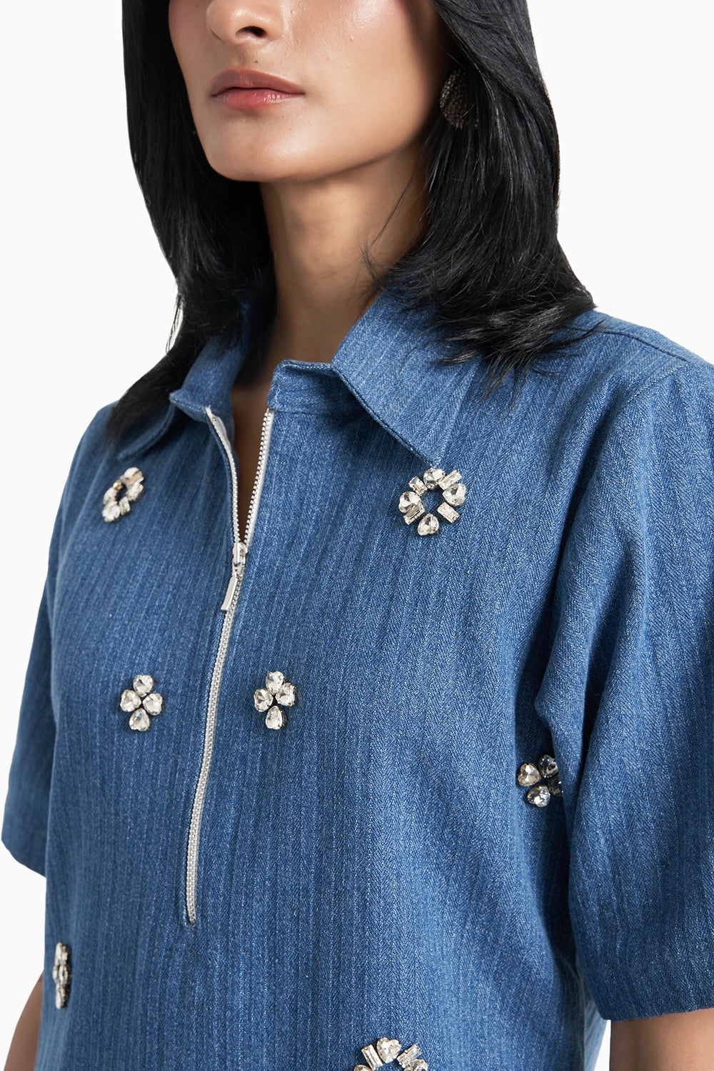Medium Blue Denim Herringbone Dress with Crystal Flower Pendant Embellishment