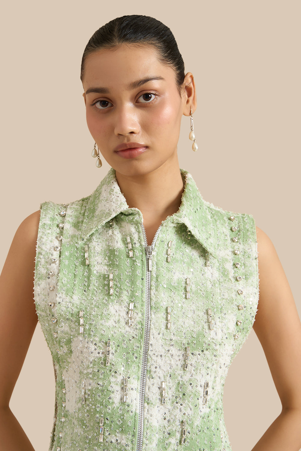 White Green Denim Marble Lazercut Collar Pleat Bib Set