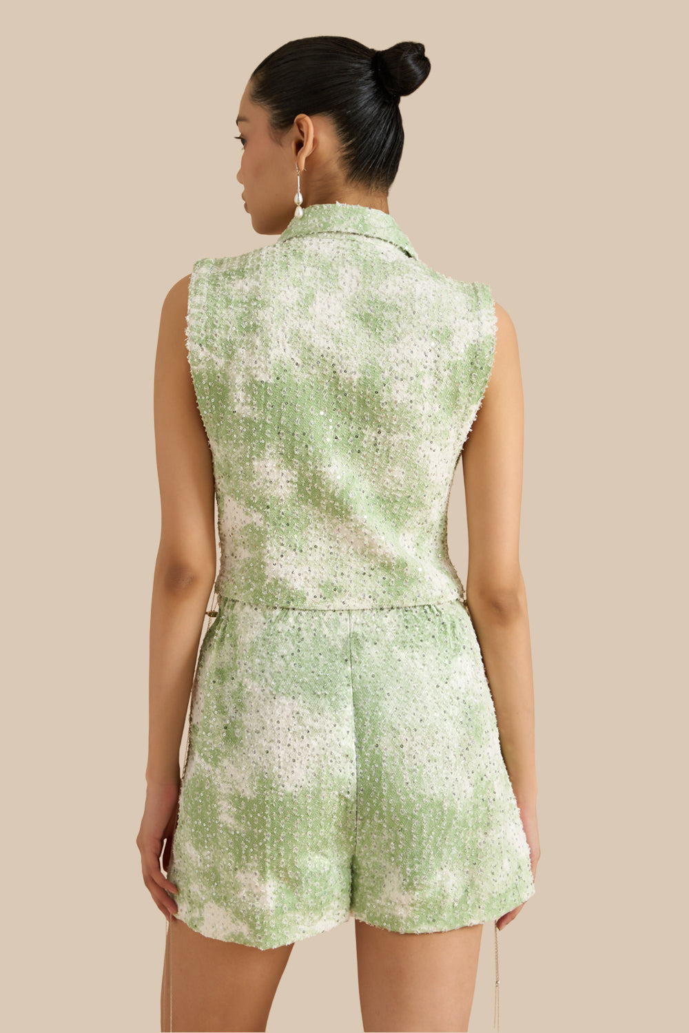 White Green Denim Marble Lazercut Collar Pleat Bib Set